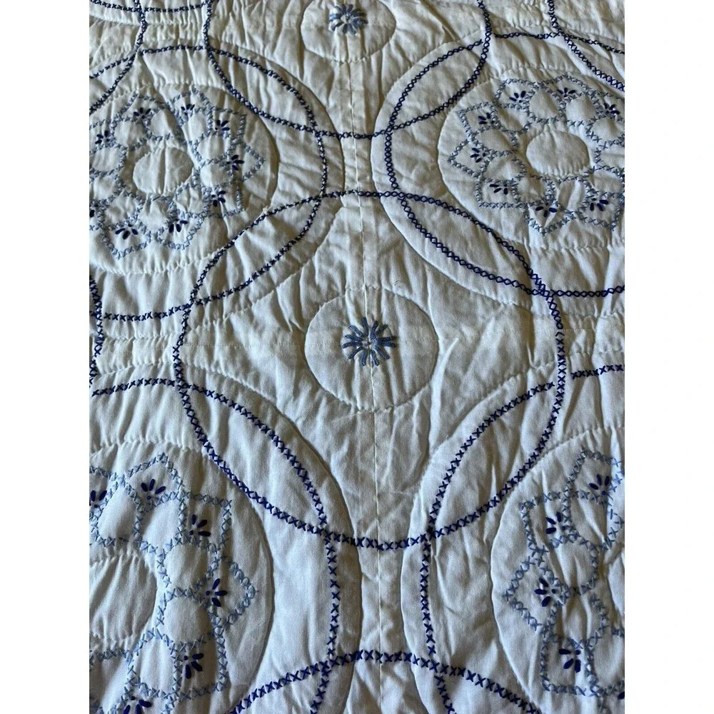 Handmade Lancaster Co PA Blue White Cross Stitch Bedspread wAttached Dust Ruffle